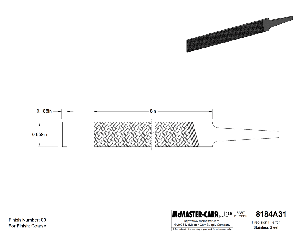 Technical Drawing of Precision File for Stainless Steel, Rectangular, 8" Long, for Coarse Finish(Number 00).